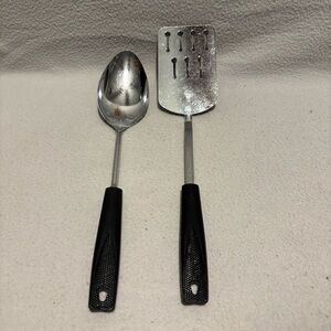 VTG EKCO USA Stainless Keyhole Slotted Spatula Turner black handle and spoon set